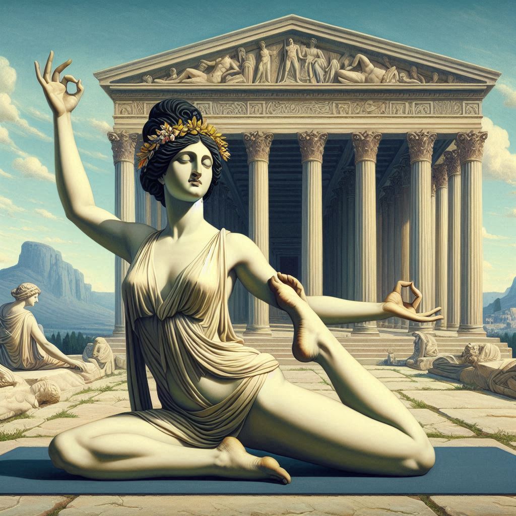 Greek goddess doing yoga in front of a hellenic temple